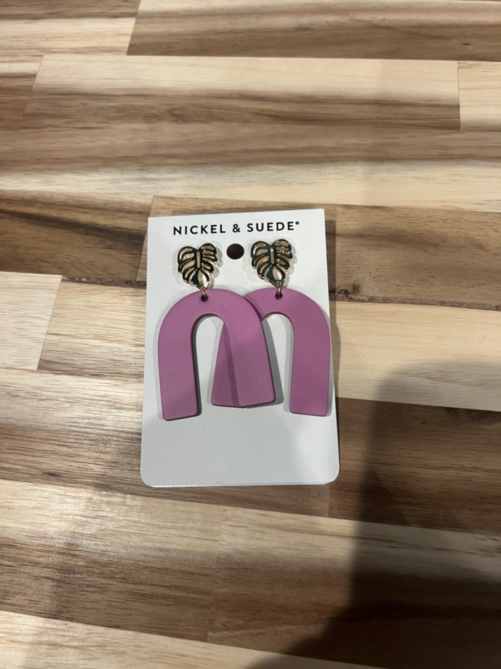 Nickel & Suede Pink Arch Leaf Drop Earrings